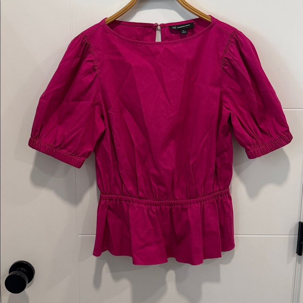 INC Fuchsia Peplum Puff-Sleeve Blouse size medium - Picture 2 of 5